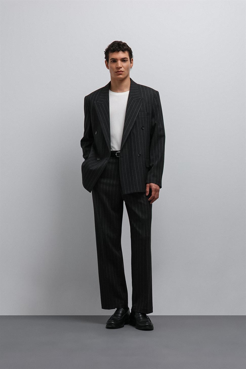Antioch Siyah Çizgili Kruvaze Erkek Blazer Ceket