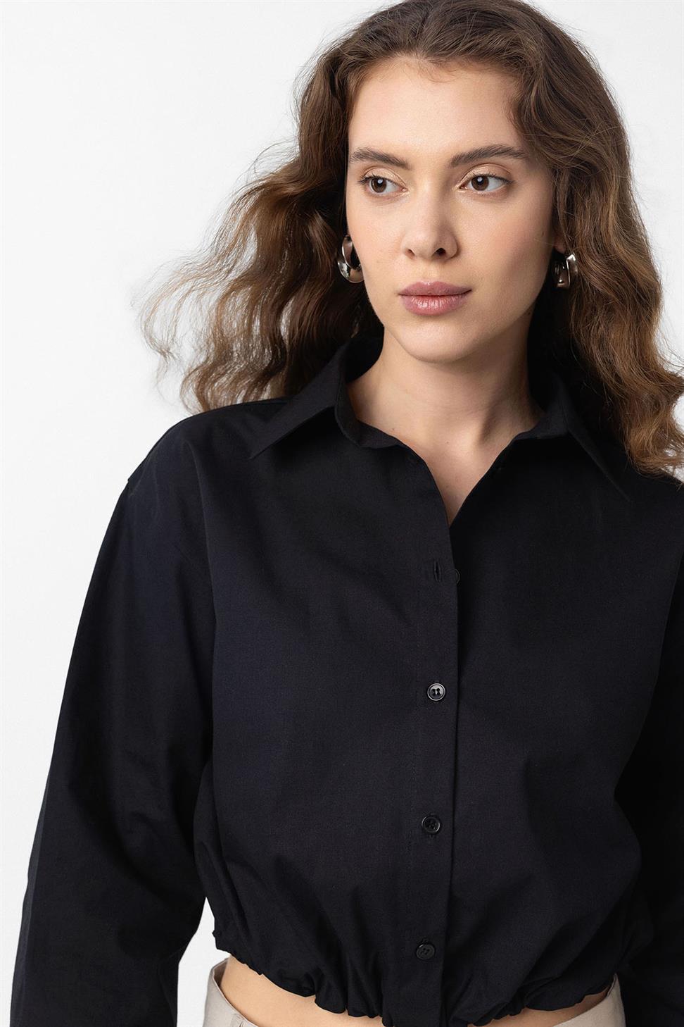 Antioch Siyah Crop Poplin Kadın Gömlek
