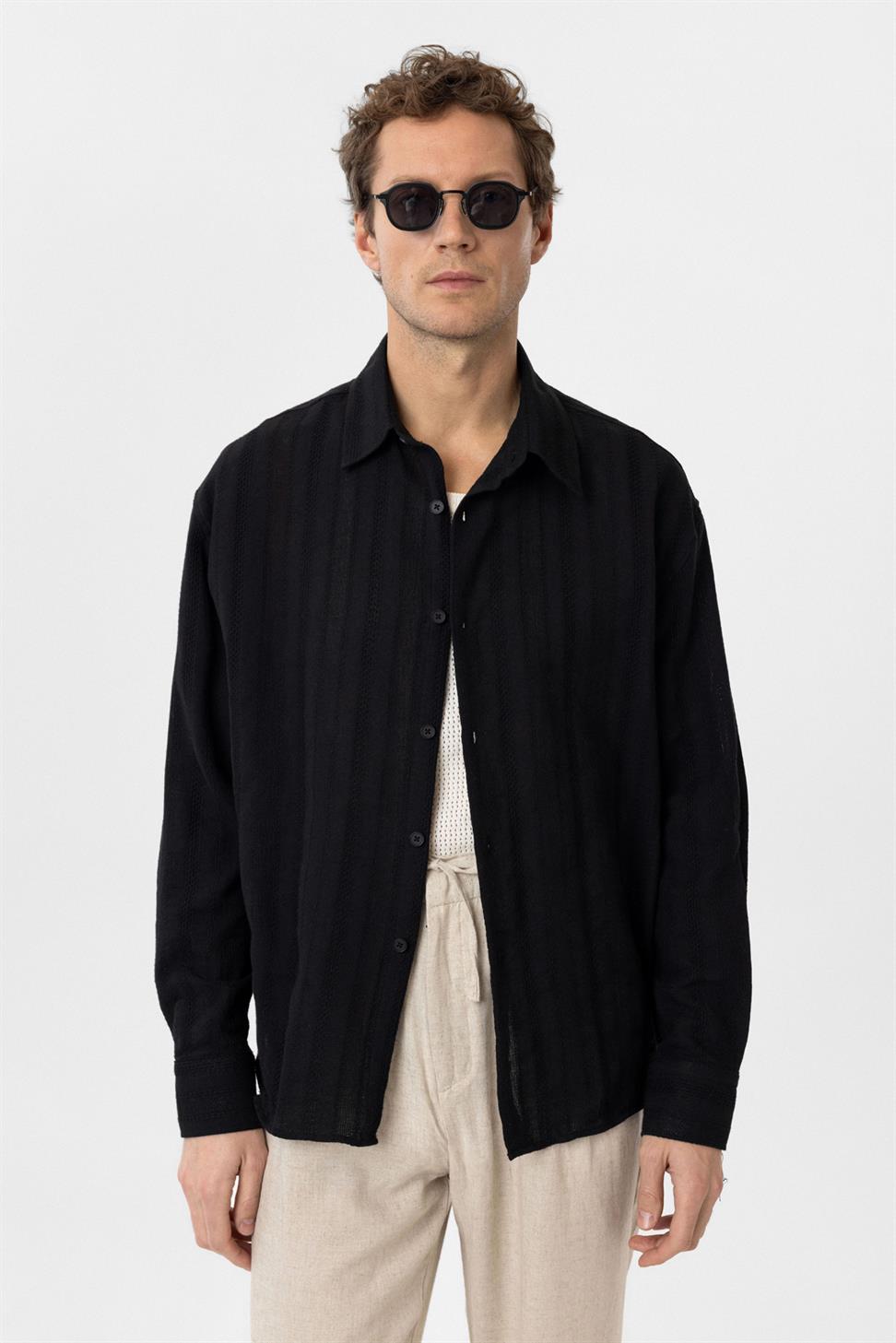 Antioch Siyah Dokulu Jakarlı Pamuklu Erkek Gömlek