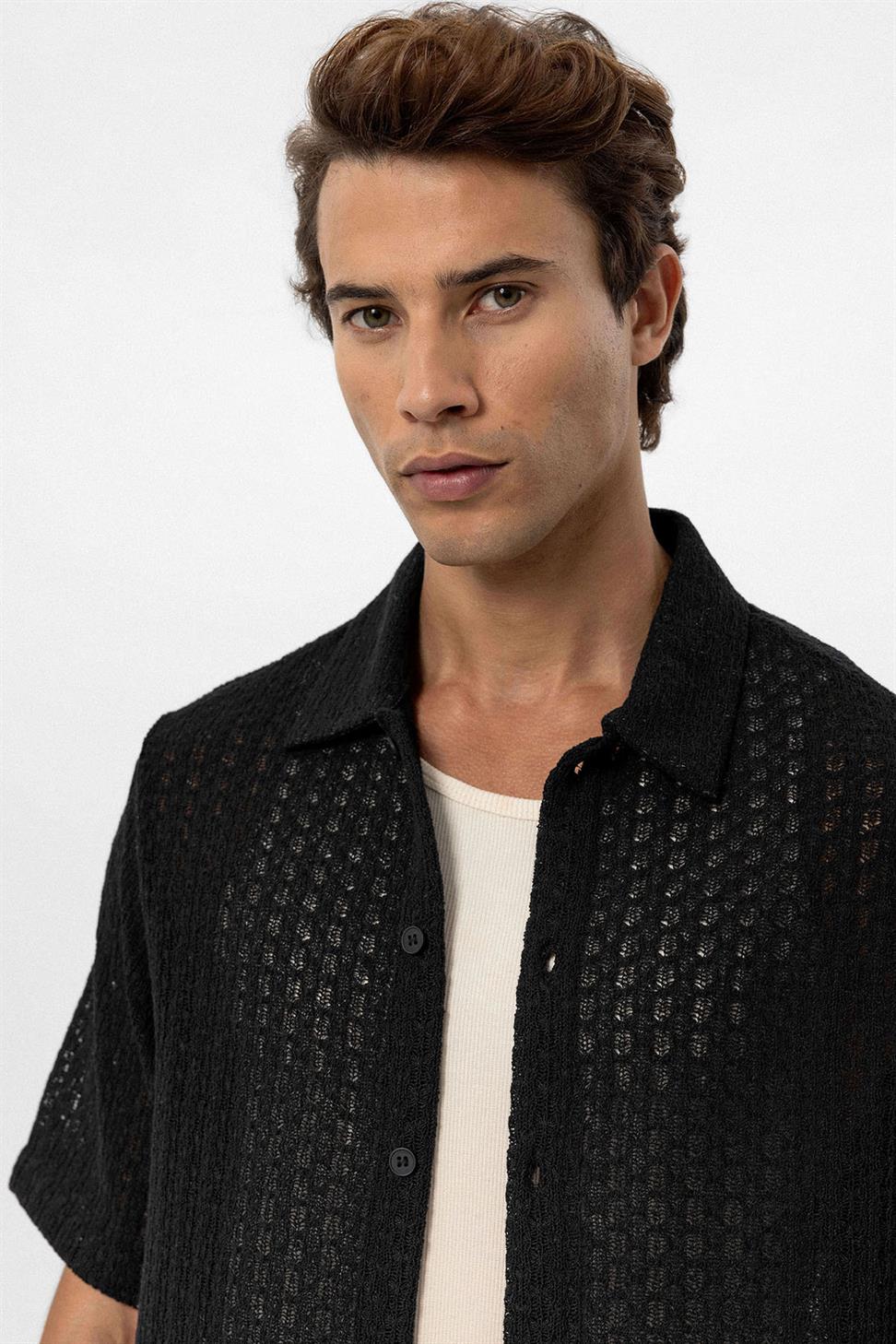 Antioch Siyah Dokulu Kroşe Erkek Gömlek