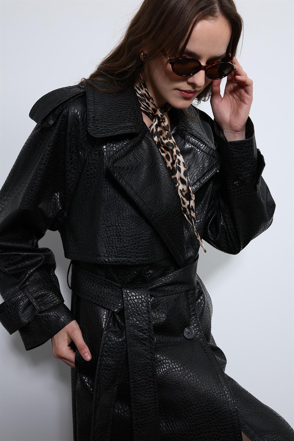 Antioch Siyah Dokulu Suni Deri Trençkot