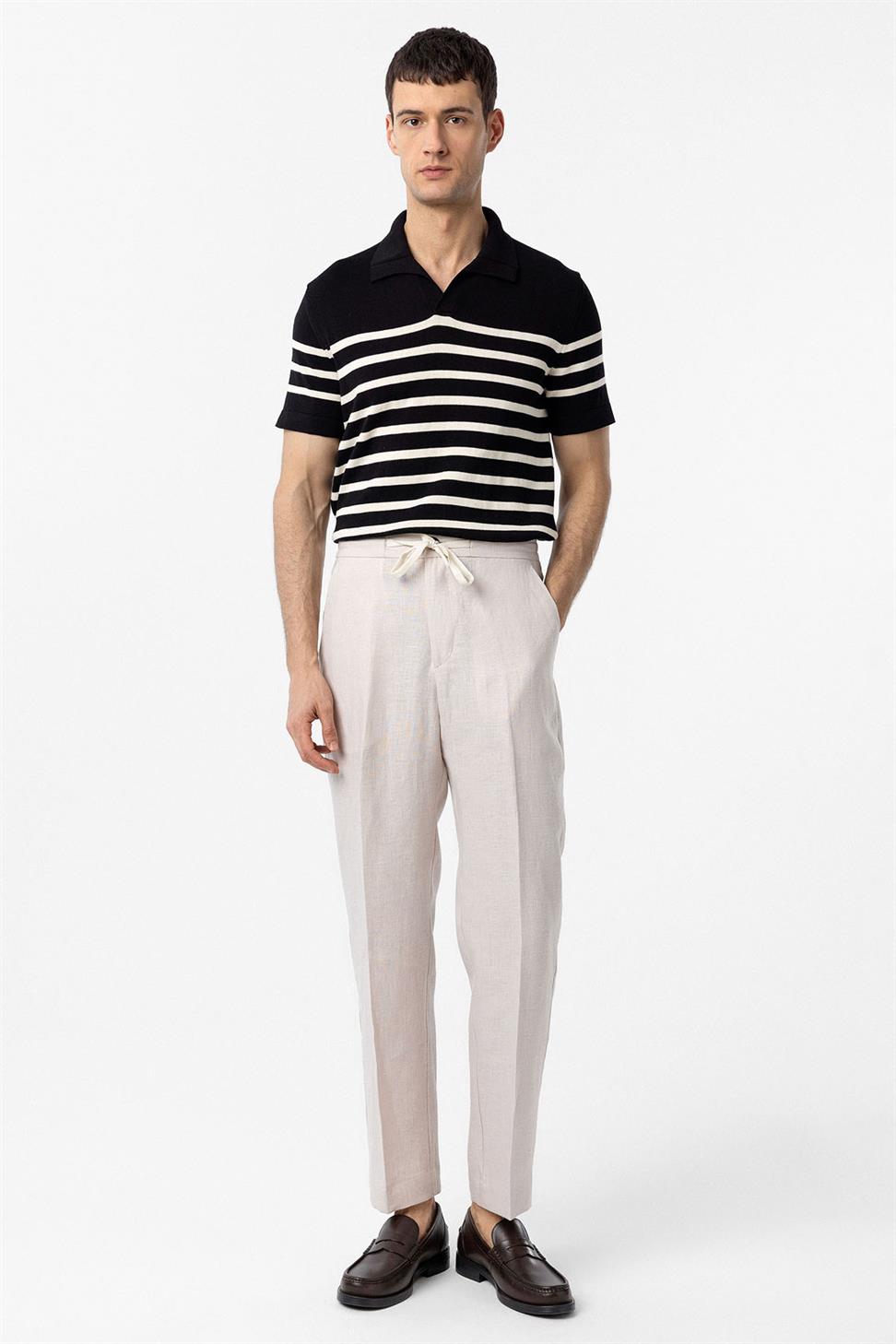 Antioch Siyah/Ekru Polo Yaka Çizgili Erkek Triko T-Shirt