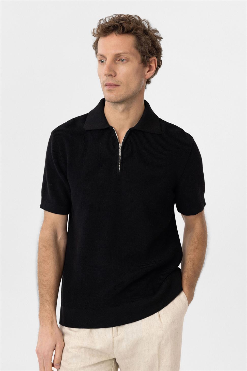 Zippered Knit Mens Polo Neck T-Shirt