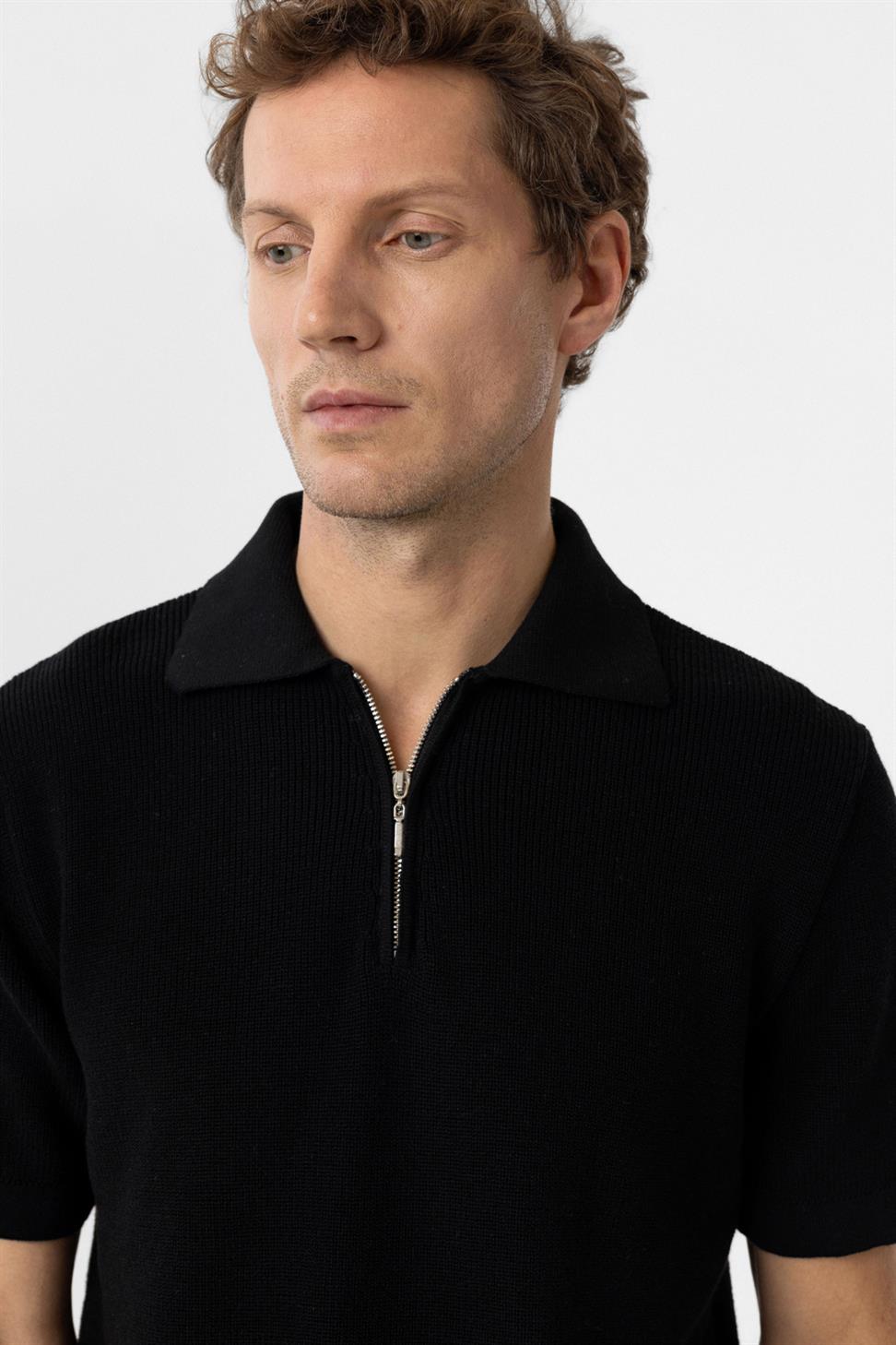 Antioch Siyah Fermuarlı Dokuma Erkek Triko T-Shirt