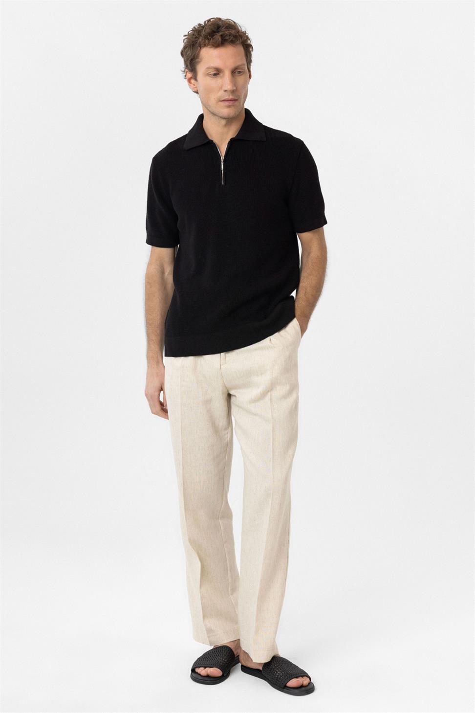 Antioch Siyah Fermuarlı Dokuma Erkek Triko T-Shirt