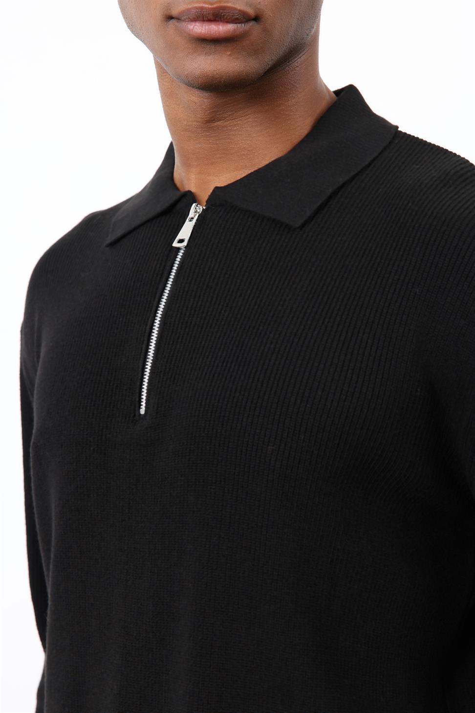 Antioch Siyah Fermuarlı Erkek Triko Kazak