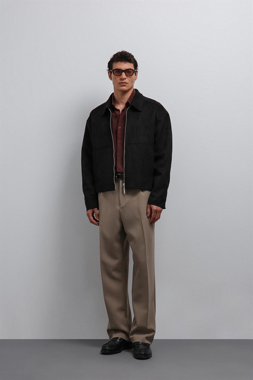 Antioch Siyah Fermuarlı Suni Süet Erkek Mont