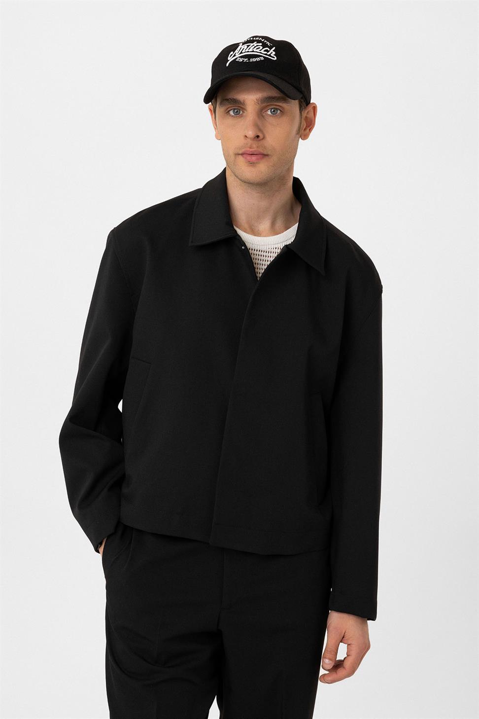 Antioch Siyah Gizli Düğme Mevsimlik Relax Fit Erkek Mont