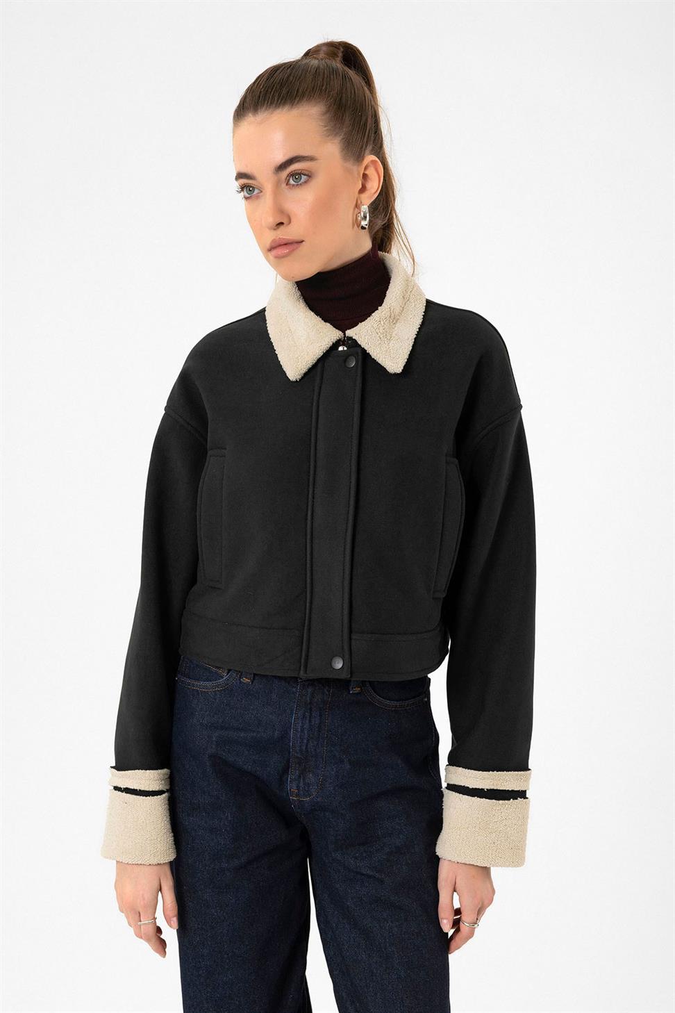 Antioch Siyah Kadın Astar Detaylı Dokulu Mont