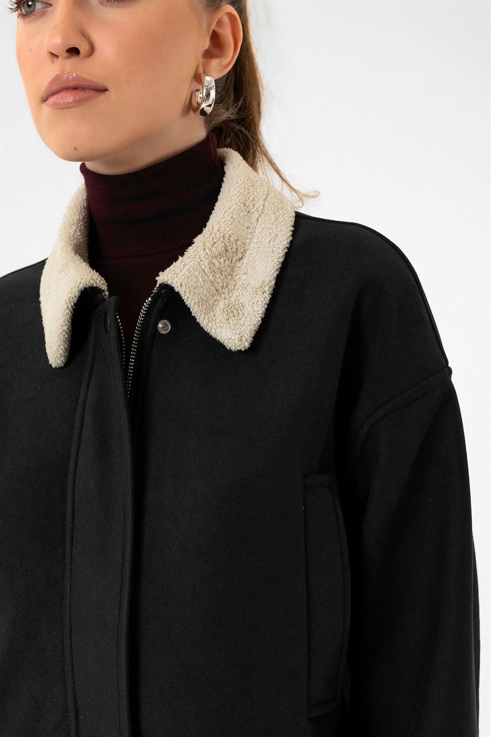 Antioch Siyah Kadın Astar Detaylı Dokulu Mont