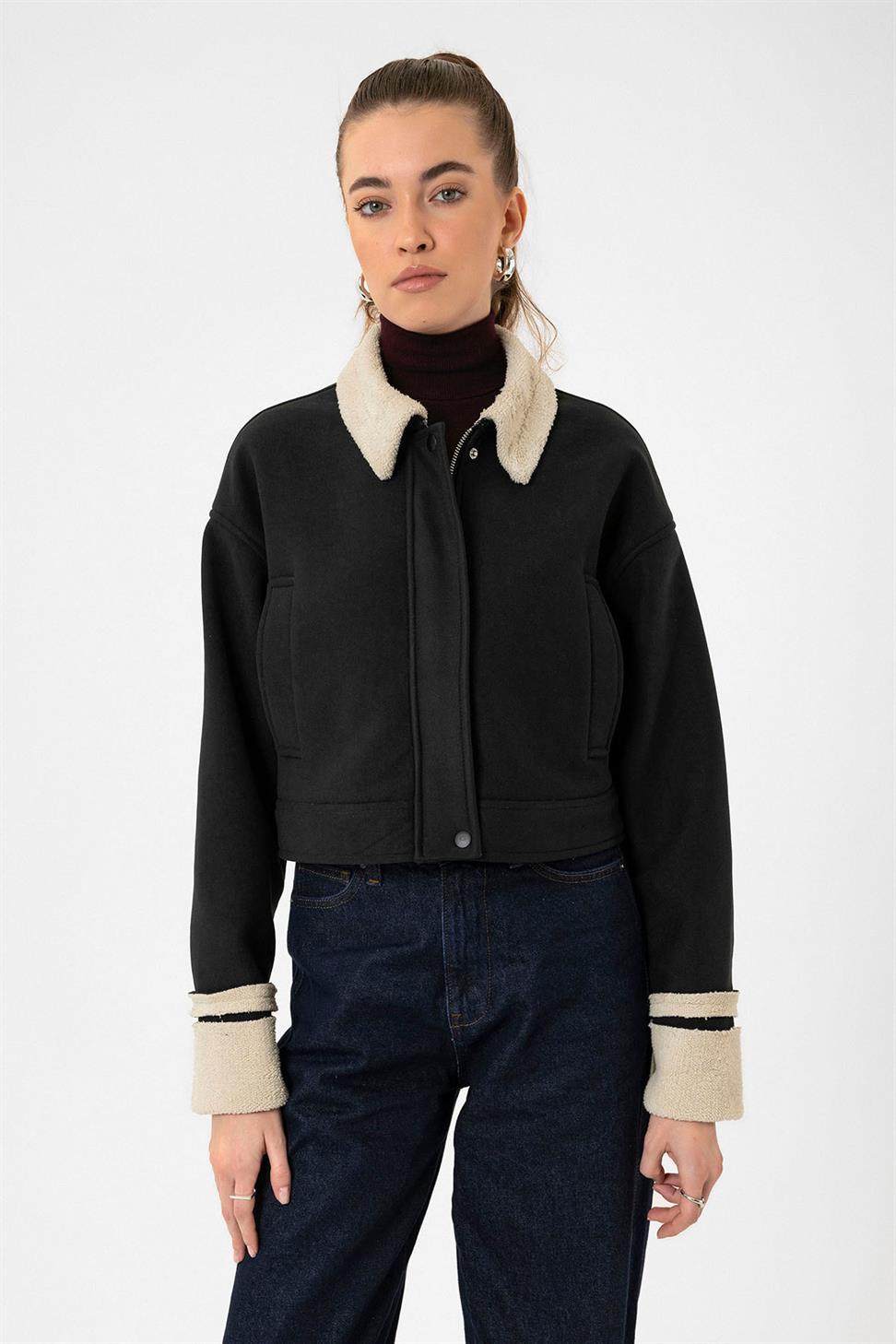 Antioch Siyah Kadın Astar Detaylı Dokulu Mont