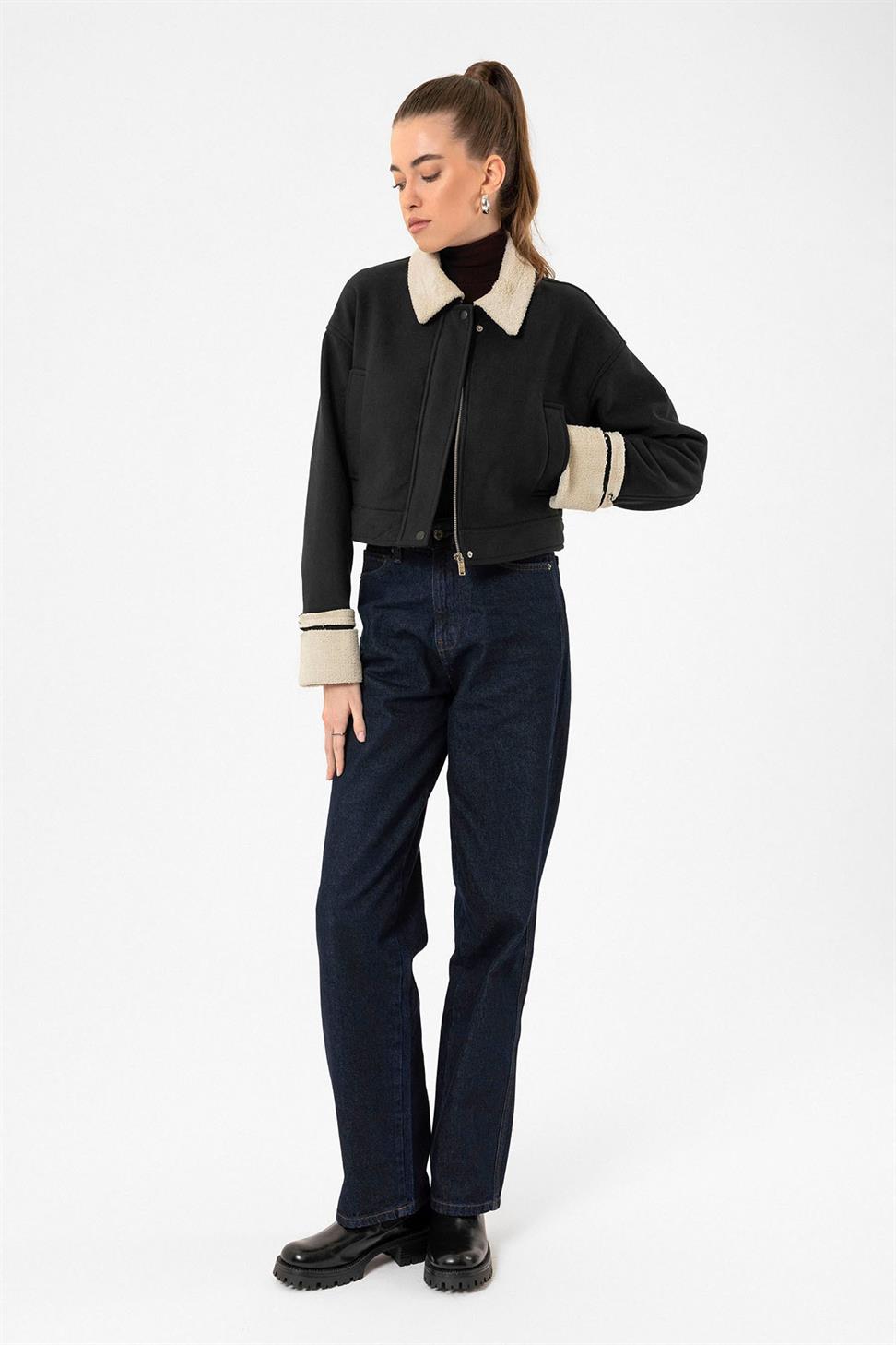 Antioch Siyah Kadın Astar Detaylı Dokulu Mont