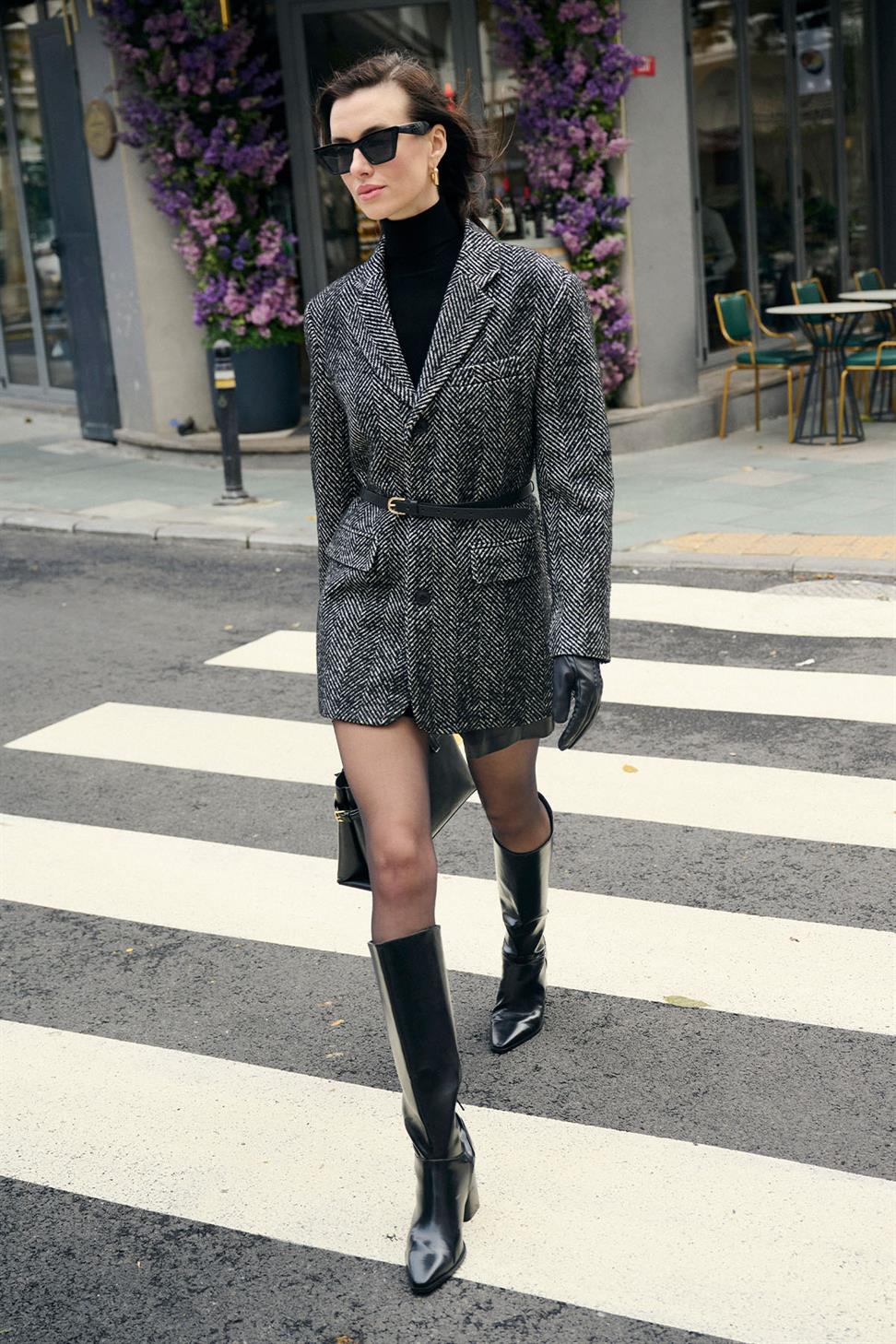 Antioch Siyah Kadın Balıksırtı Desenli Blazer Ceket