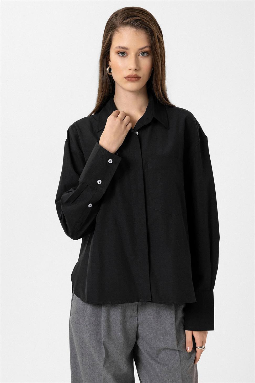 Antioch Siyah Kadın Basic Poplin Gömlek