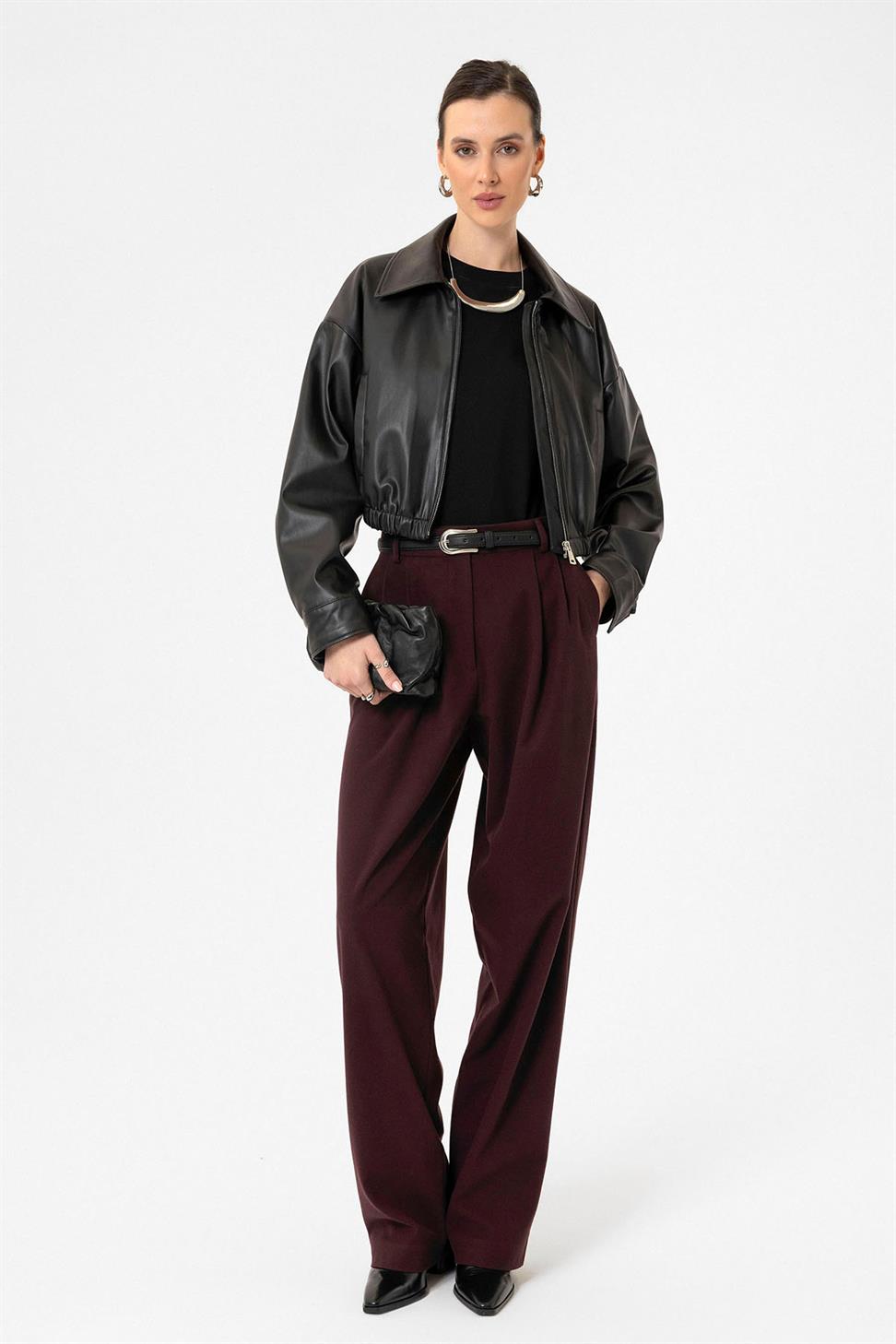 Antioch Siyah Kadın Bel Lastikli Suni Deri Mont