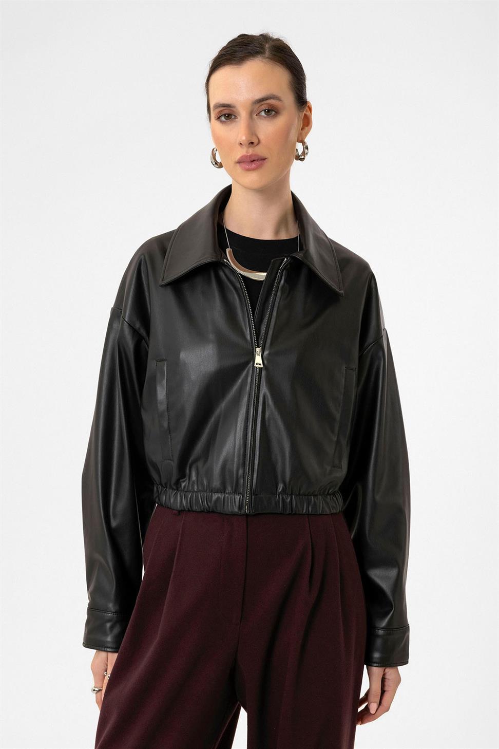 Antioch Siyah Kadın Bel Lastikli Suni Deri Mont