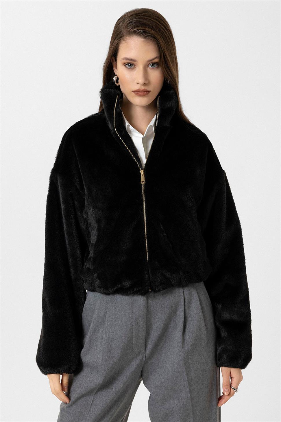 Antioch Siyah Kadın Bel Lastikli Suni Kürk Mont