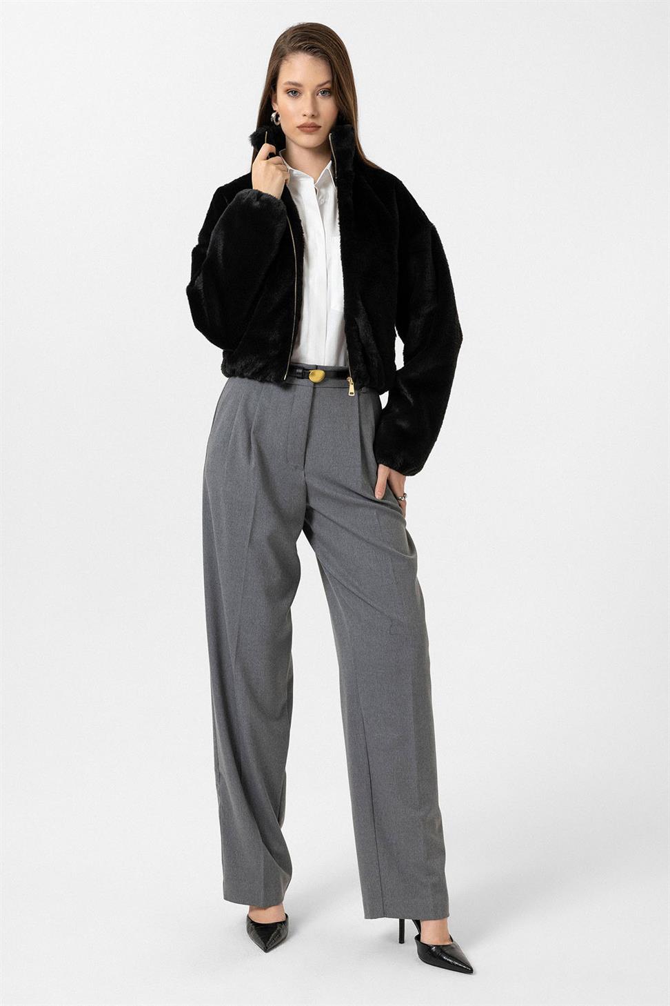 Antioch Siyah Kadın Bel Lastikli Suni Kürk Mont