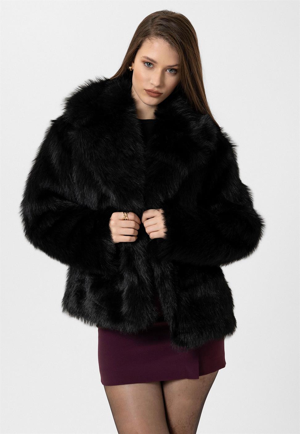 Antioch Siyah Kadın Ceket Yaka Suni Kürk Ceket