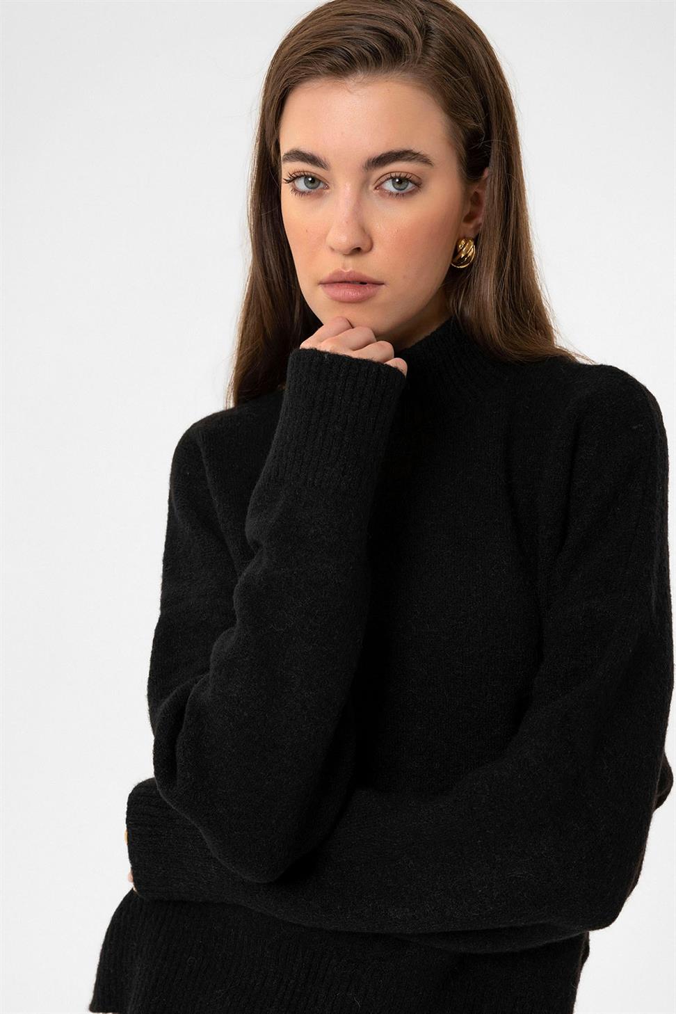 Antioch Siyah Kadın Dik Yaka Dokulu Triko Kazak