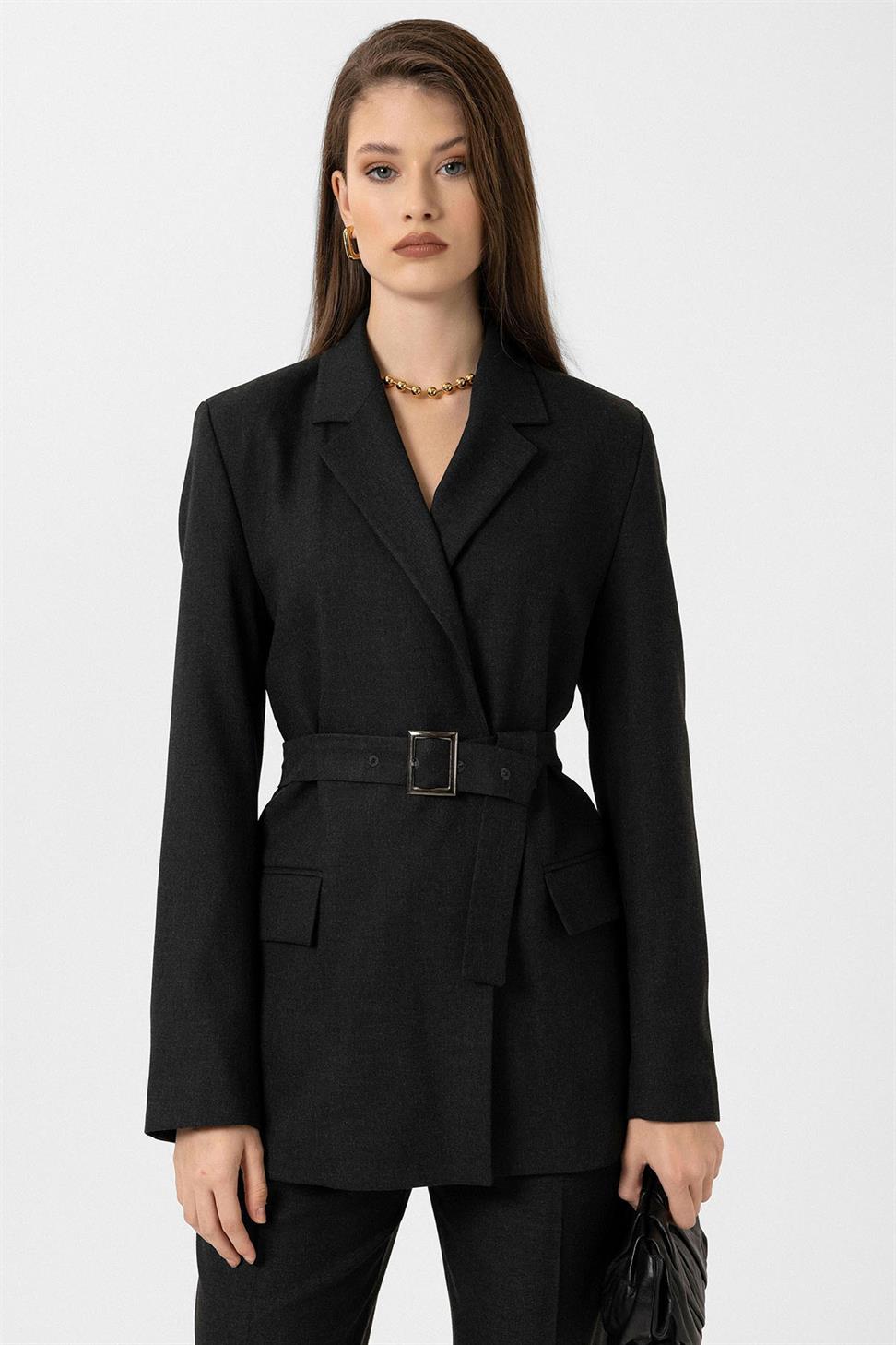Antioch Siyah Kadın Kemerli Blazer Ceket