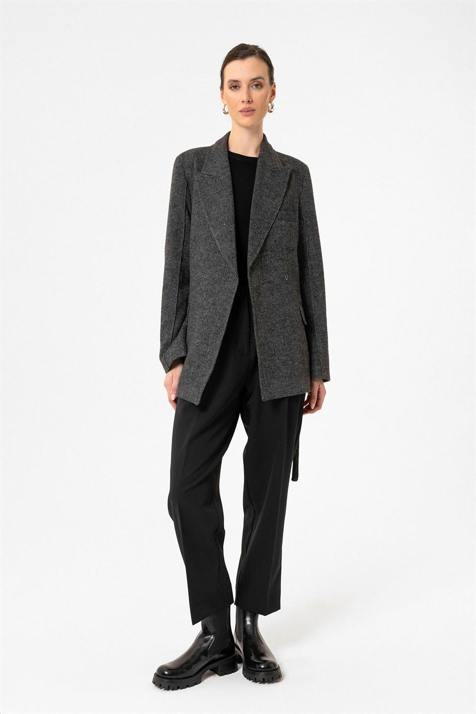 Antioch Siyah Kadın Kemerli Dokulu Blazer Ceket