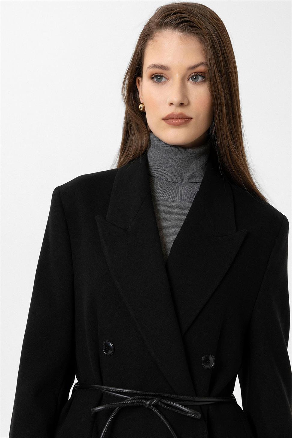 Antioch Siyah Kadın Kemerli Kruvaze Kaban