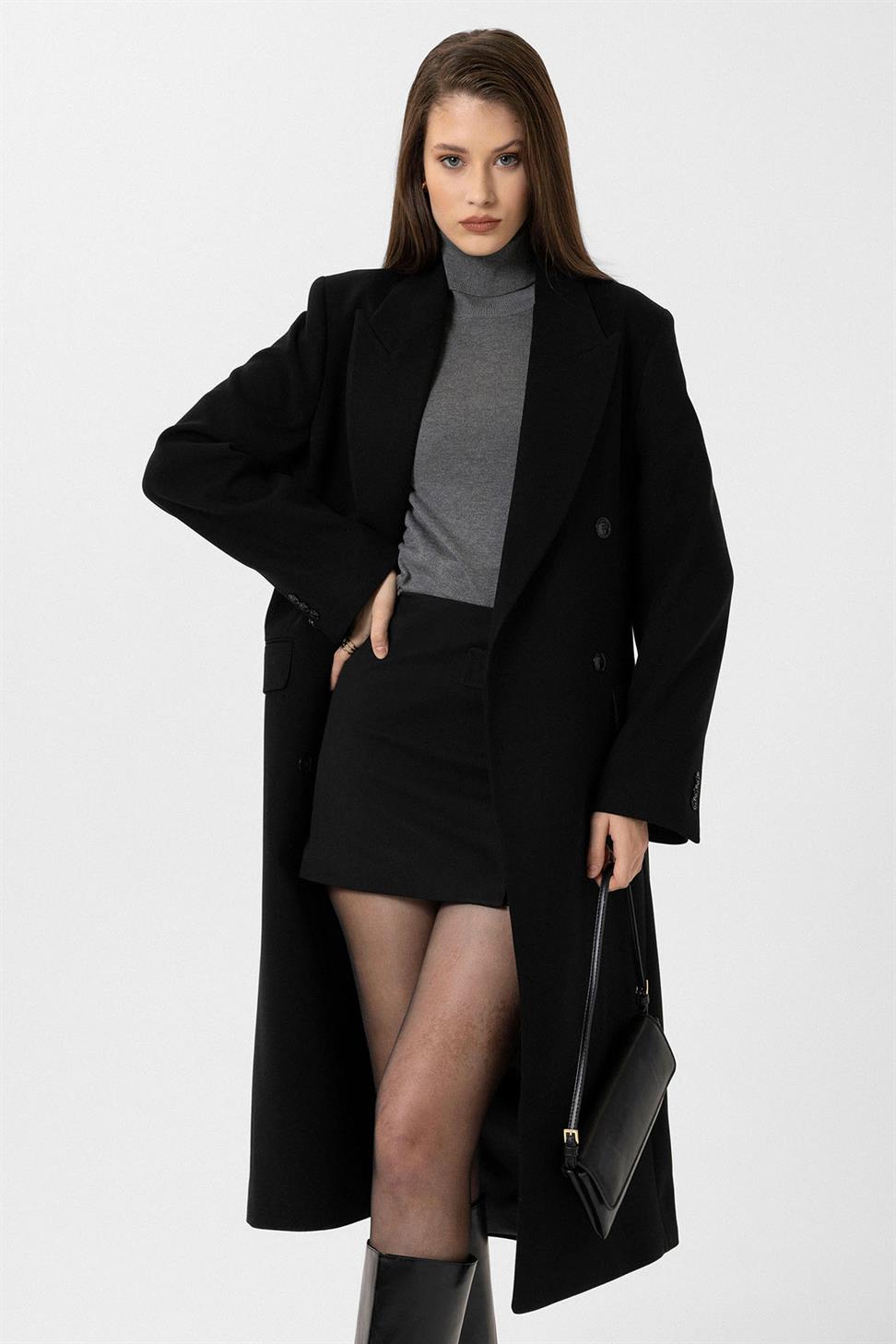 Antioch Siyah Kadın Kemerli Kruvaze Kaban