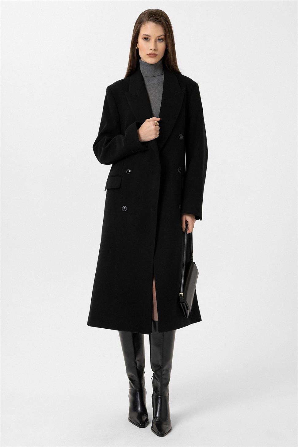 Antioch Siyah Kadın Kemerli Kruvaze Kaban