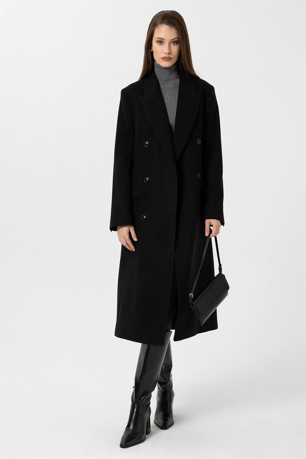 Antioch Siyah Kadın Kemerli Kruvaze Kaban