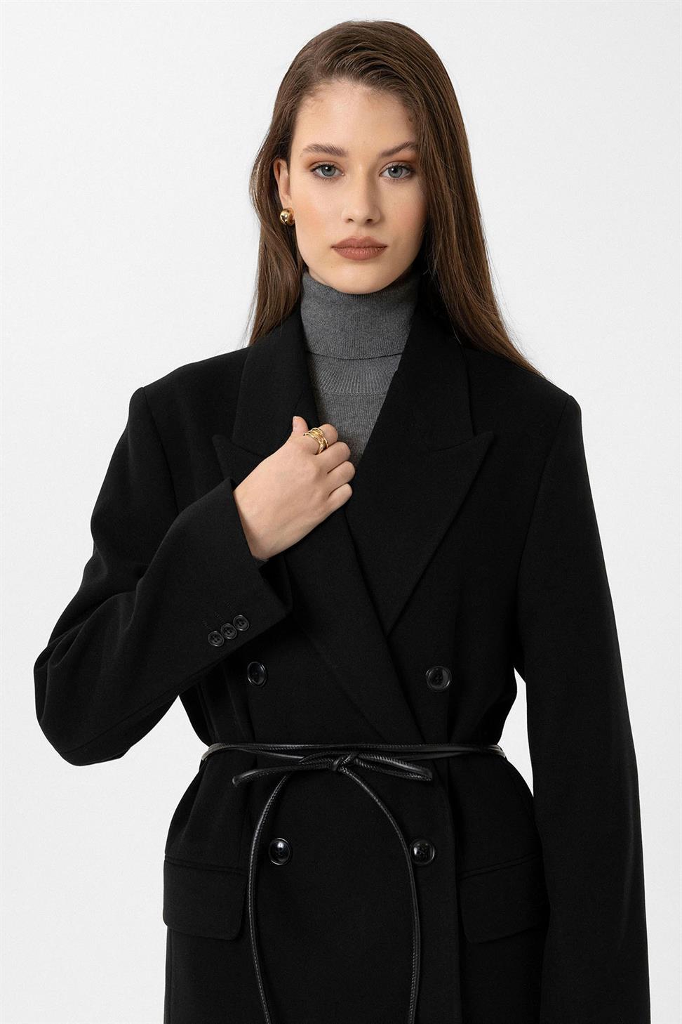 Antioch Siyah Kadın Kemerli Kruvaze Kaban