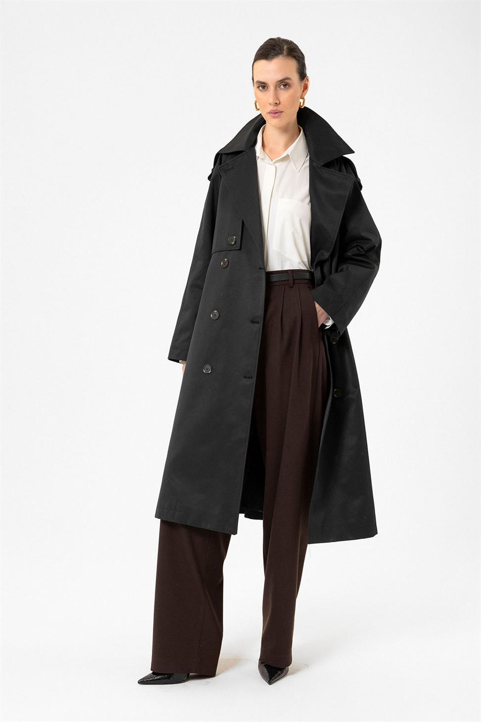 Antioch Siyah Kadın Kemerli Uzun Trençkot