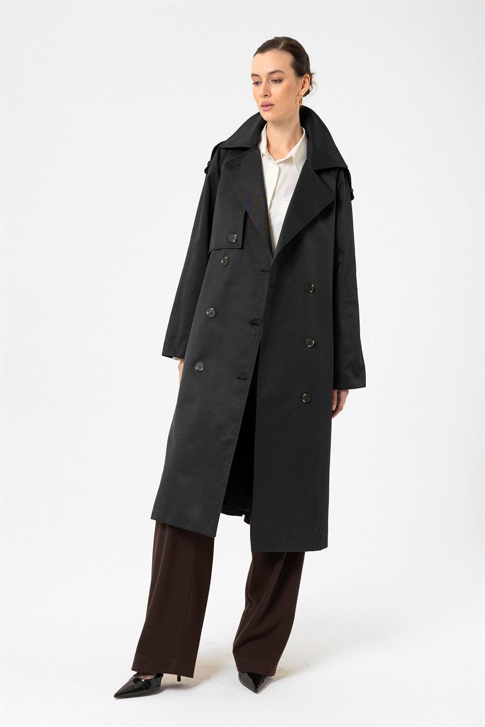 Antioch Siyah Kadın Kemerli Uzun Trençkot