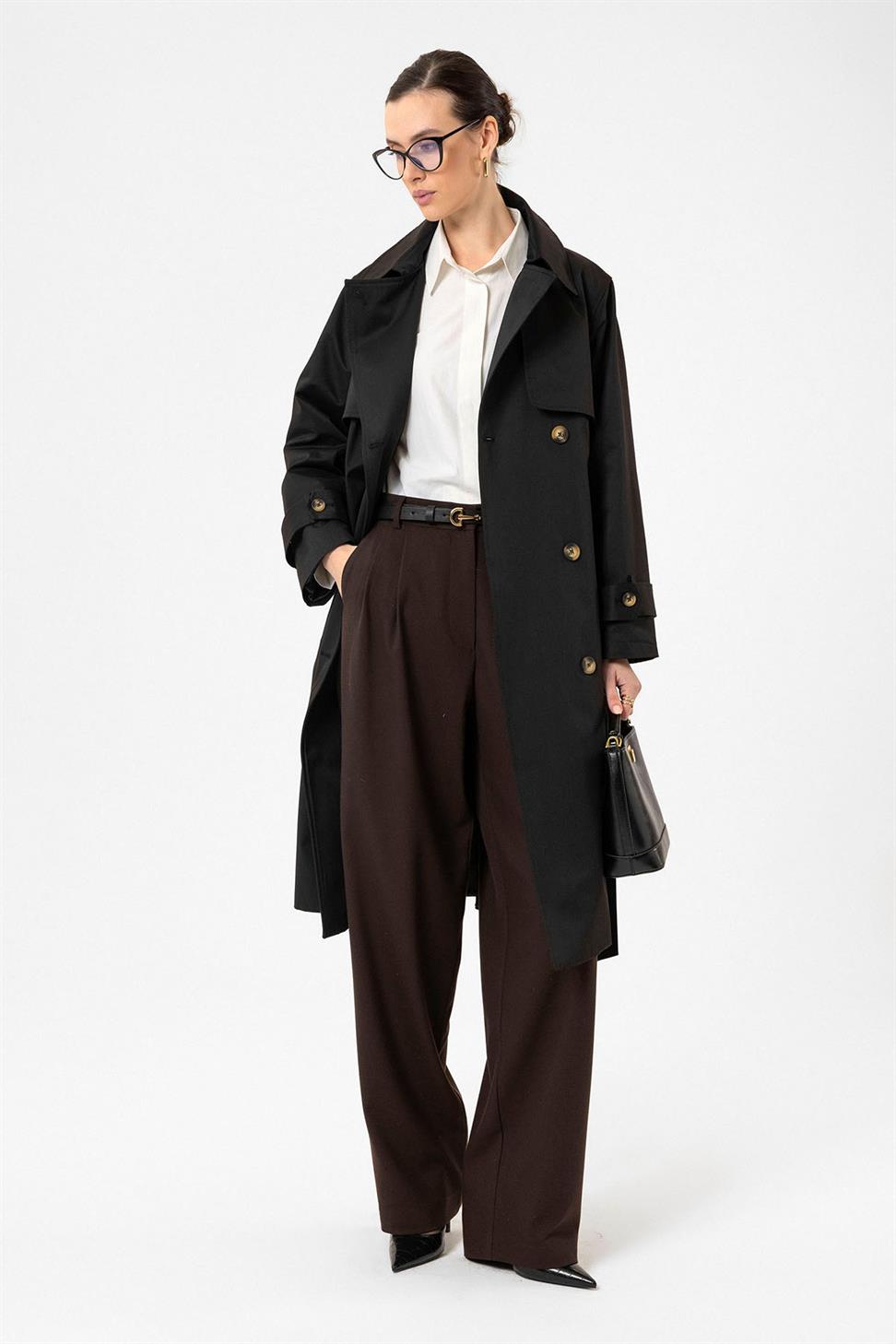 Antioch Siyah Kadın Kruvaze Kapama Kemerli Trençkot