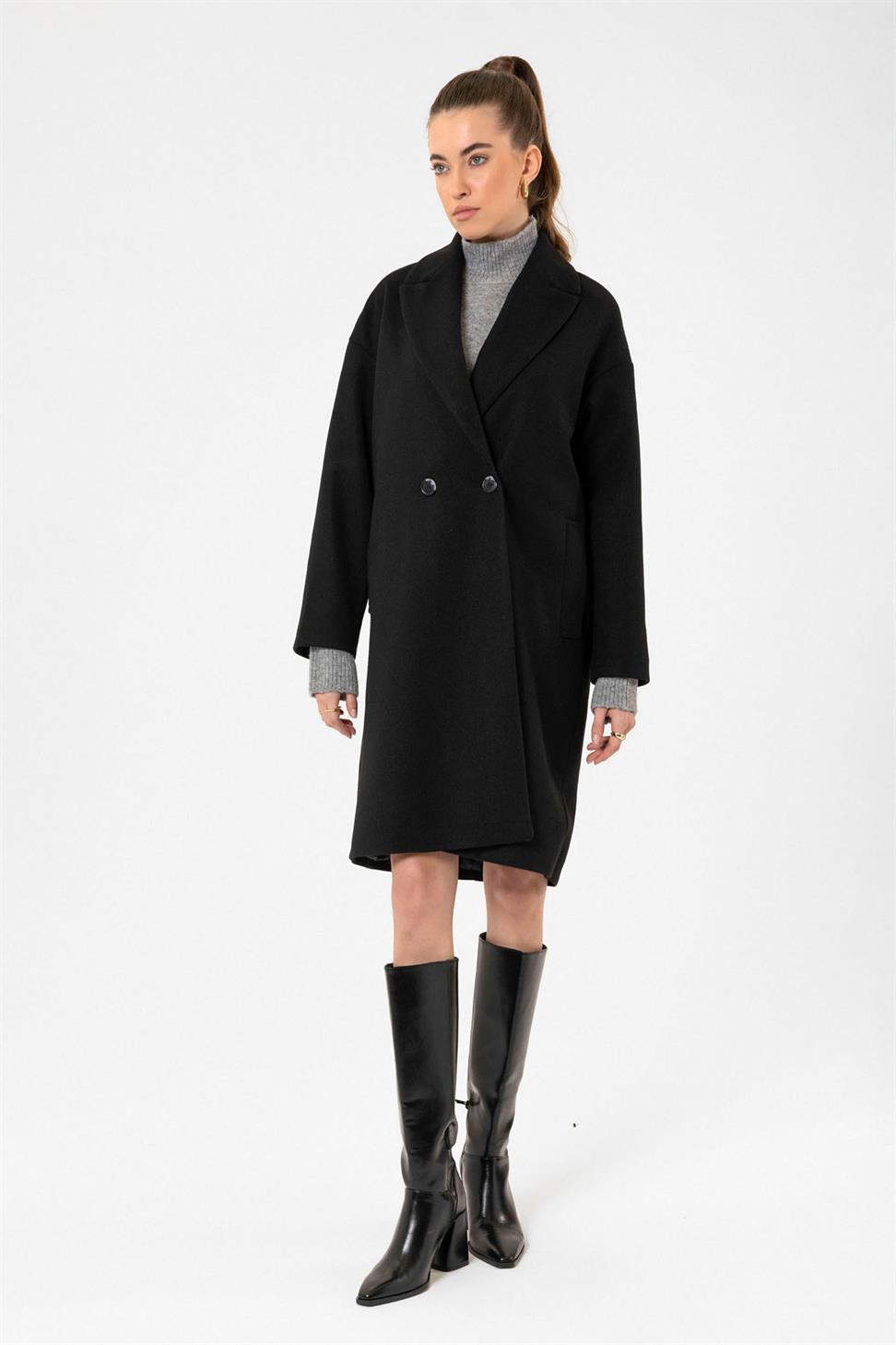 Antioch Siyah Kadın Kruvaze Kapama Oversize Kaban