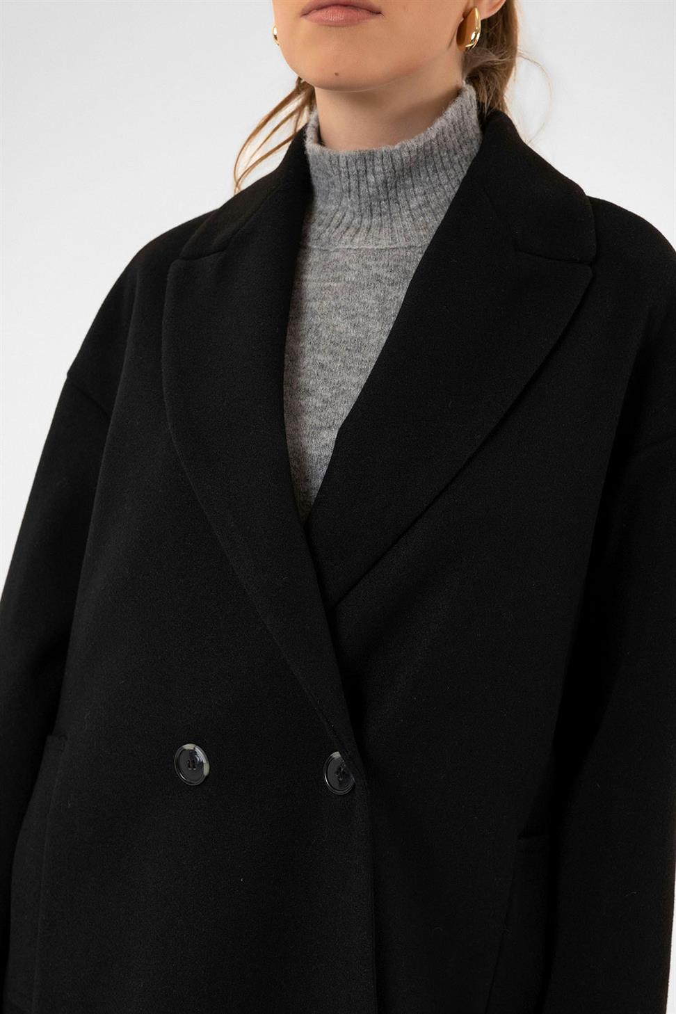 Antioch Siyah Kadın Kruvaze Kapama Oversize Kaban