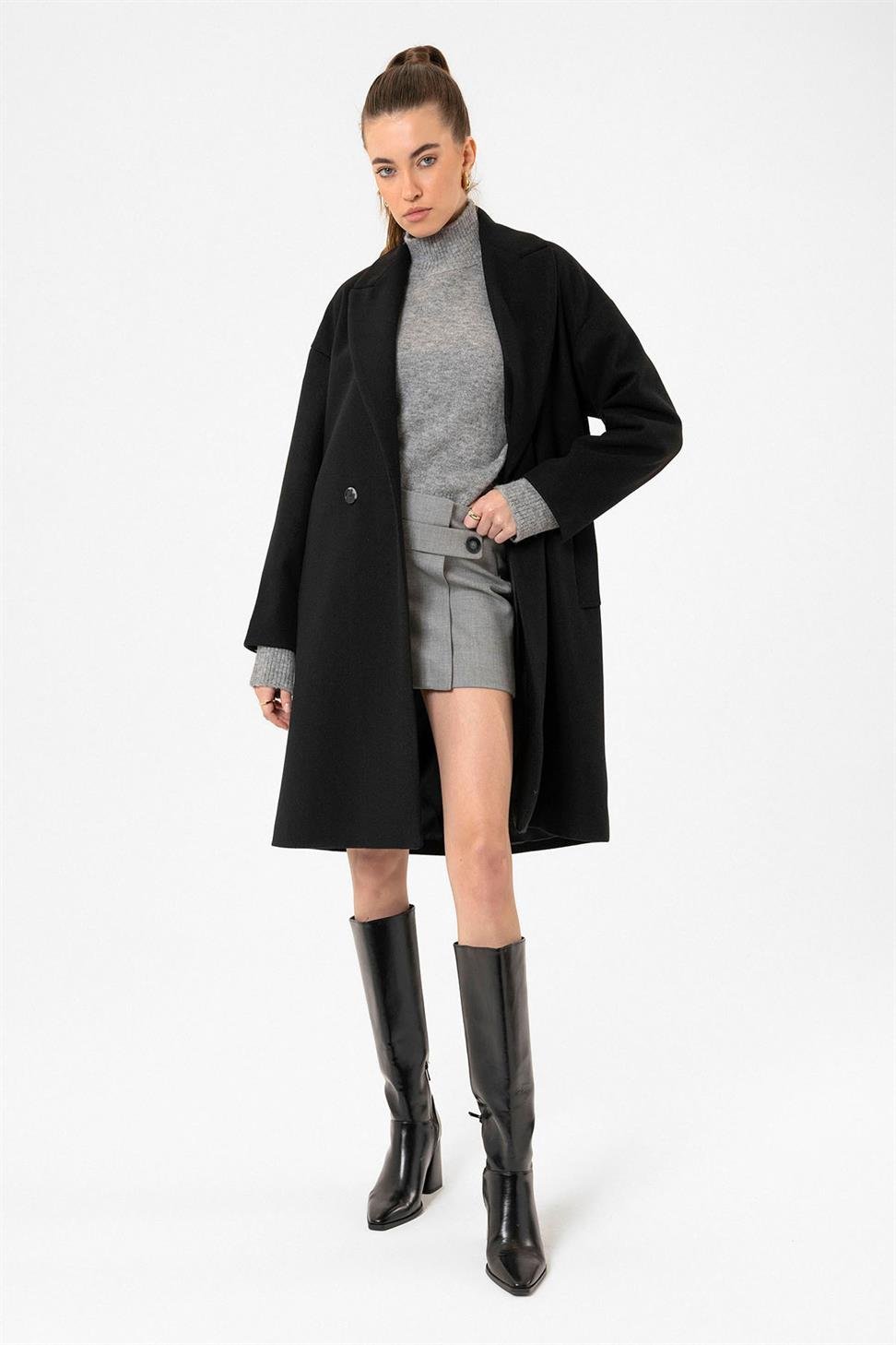 Antioch Siyah Kadın Kruvaze Kapama Oversize Kaban