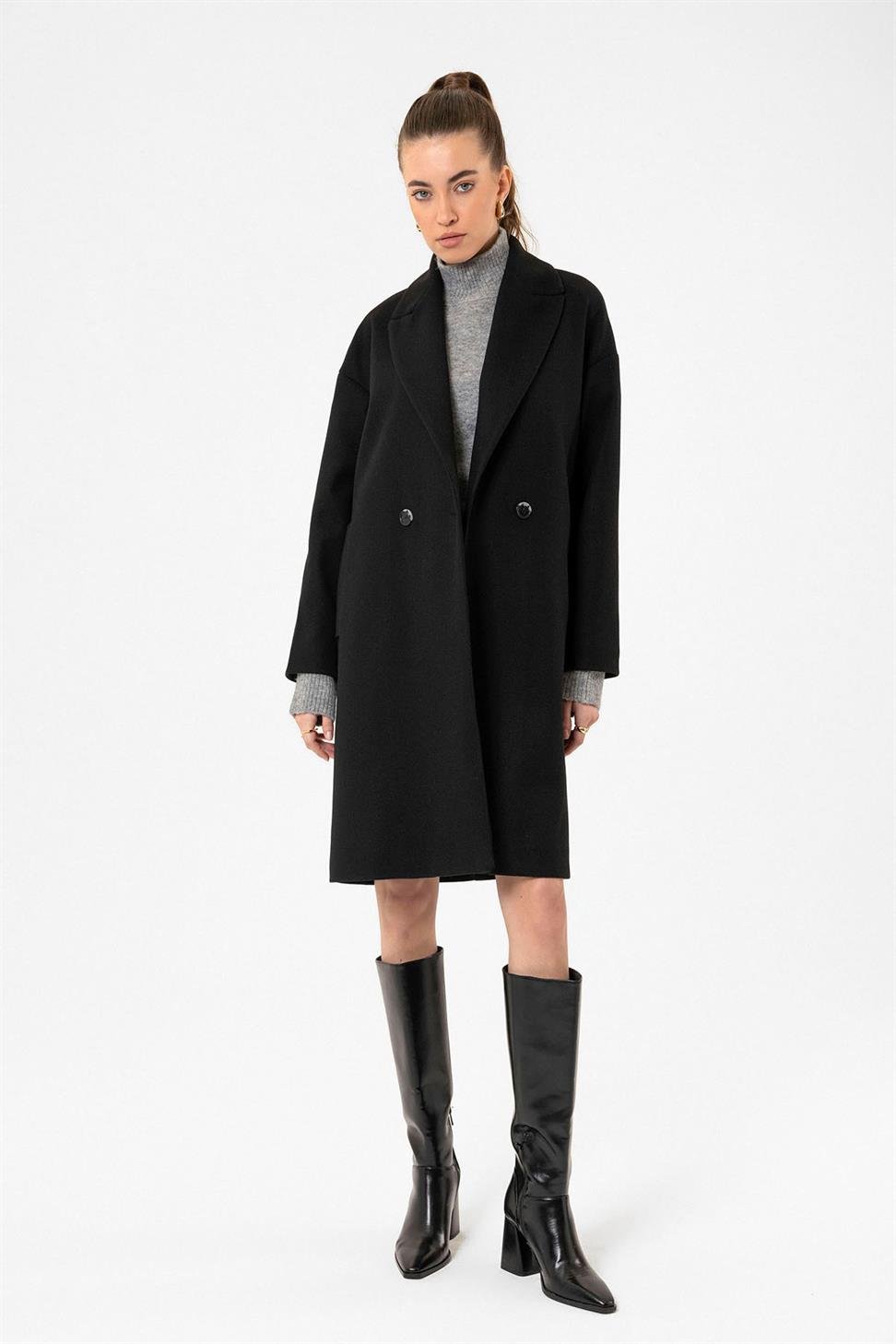 Antioch Siyah Kadın Kruvaze Kapama Oversize Kaban