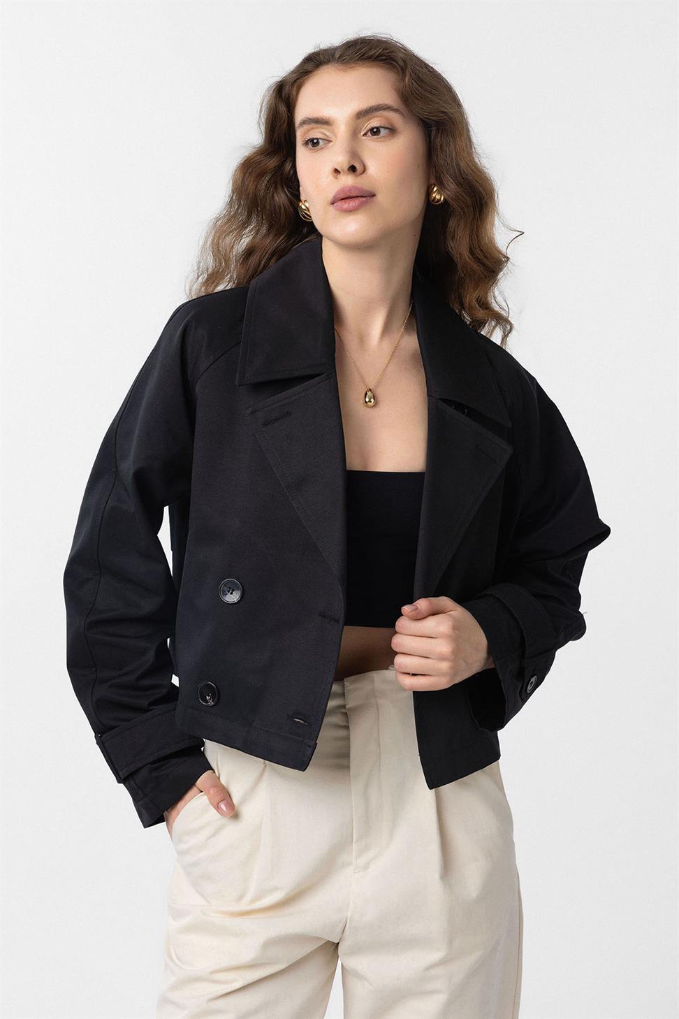 Antioch Siyah Kadın Kruvaze Kısa Trençkot