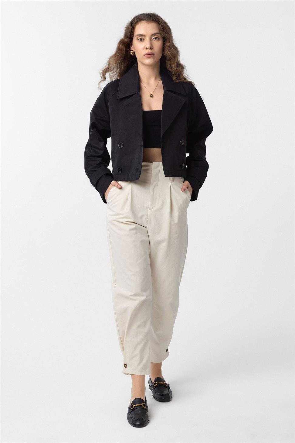 Antioch Siyah Kadın Kruvaze Kısa Trençkot