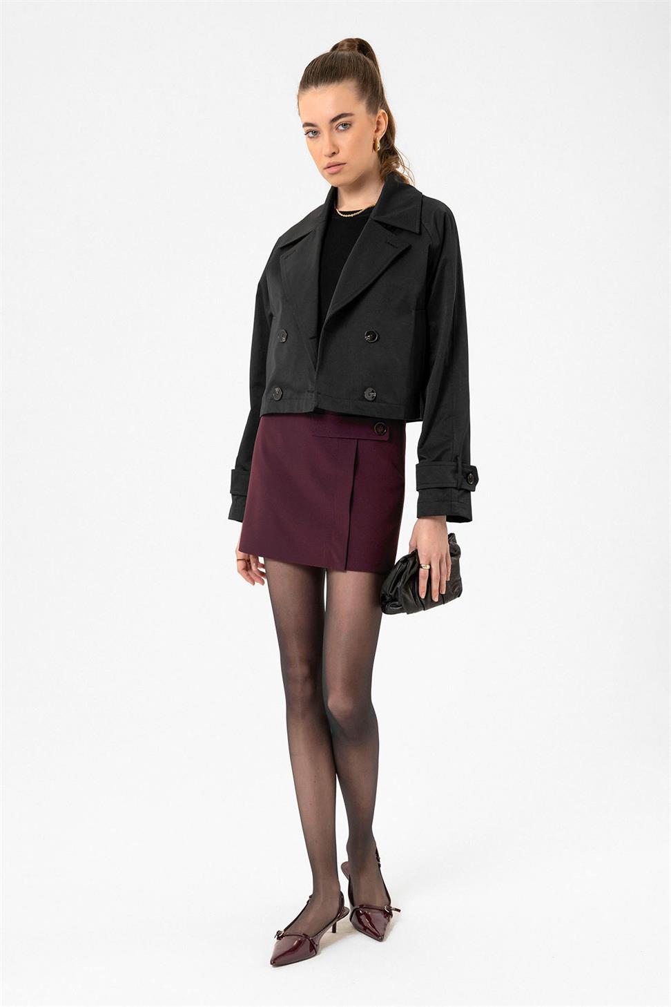 Antioch Siyah Kadın Kruvaze Kısa Trençkot