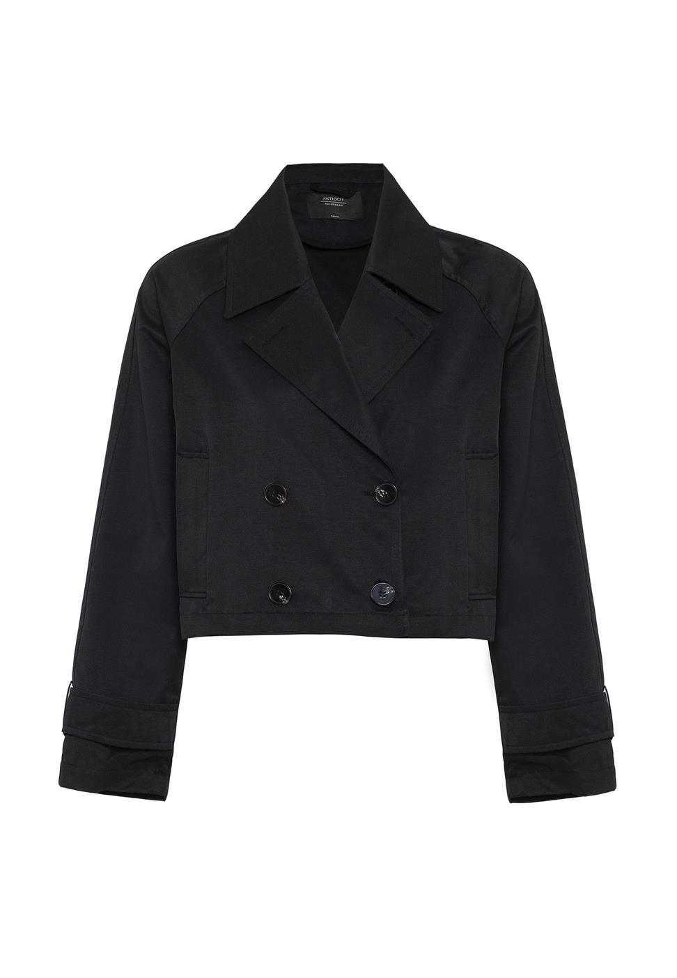 Antioch Siyah Kadın Kruvaze Kısa Trençkot