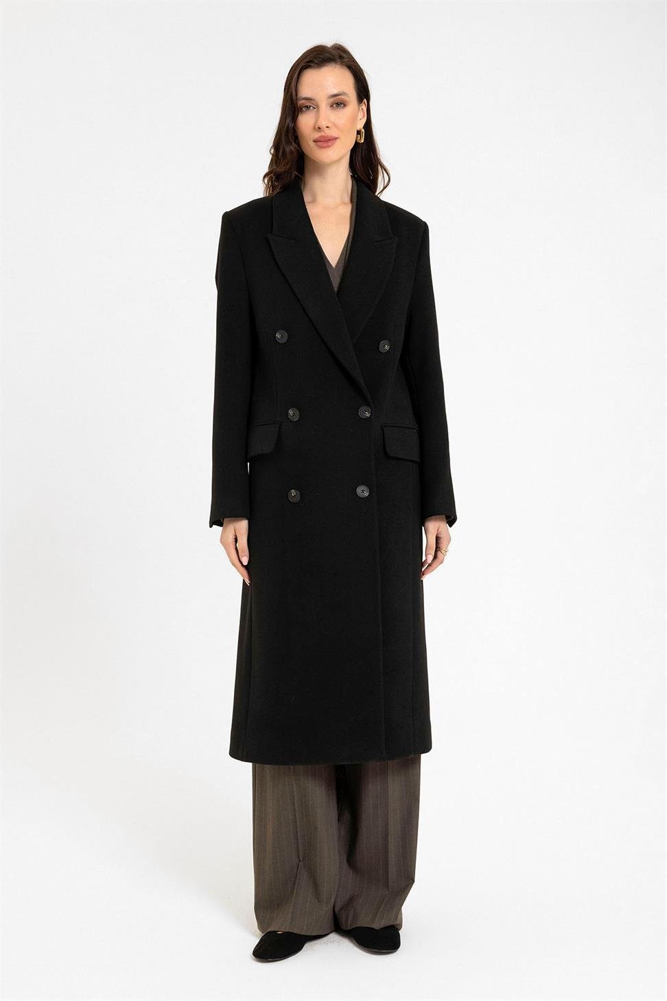 Antioch Siyah Kadın Kruvaze Uzun Kaban