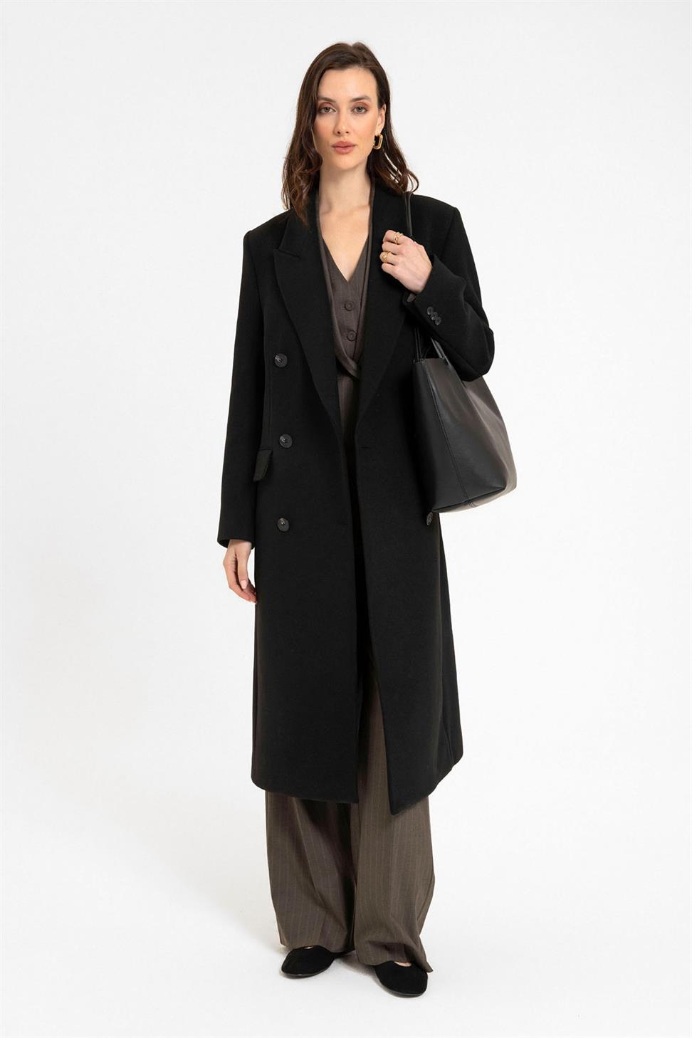 Antioch Siyah Kadın Kruvaze Uzun Kaban