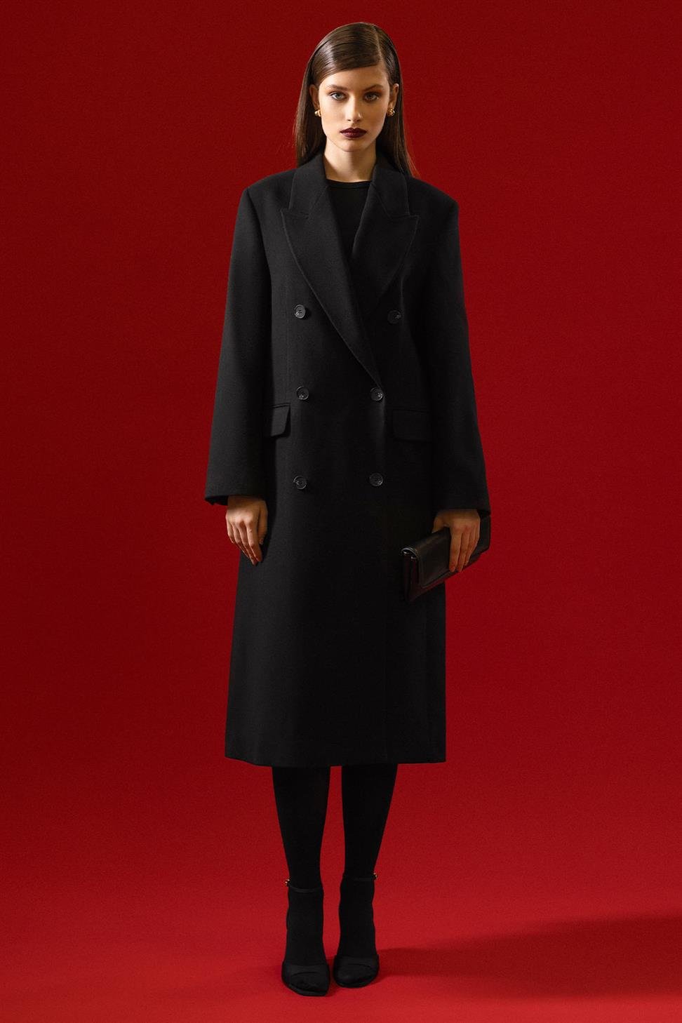 Antioch Siyah Kadın Kruvaze Uzun Kaban