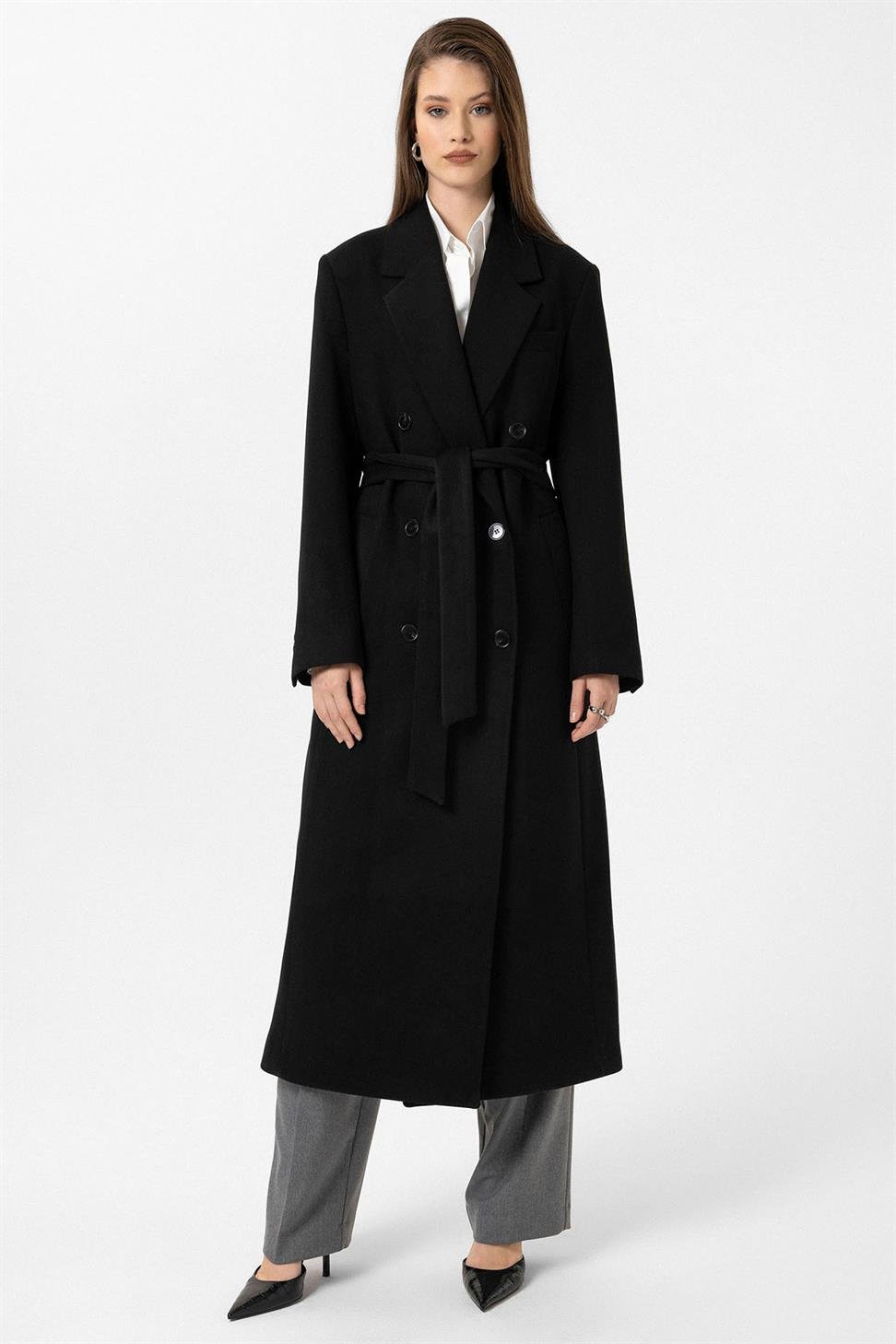 Antioch Siyah Kadın Kuşaklı Kruvaze Kaban