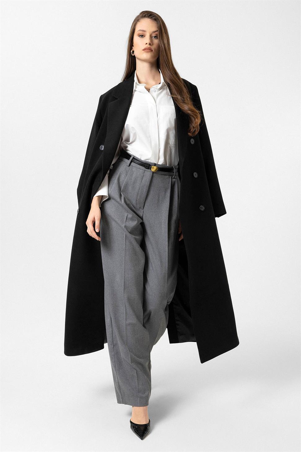 Antioch Siyah Kadın Kuşaklı Kruvaze Kaban