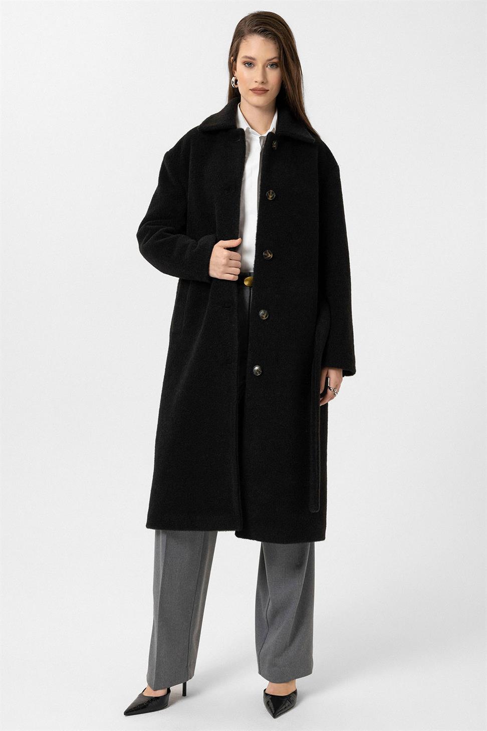 Antioch Siyah Kadın Kuşaklı Yumuşak Dokulu Kaban