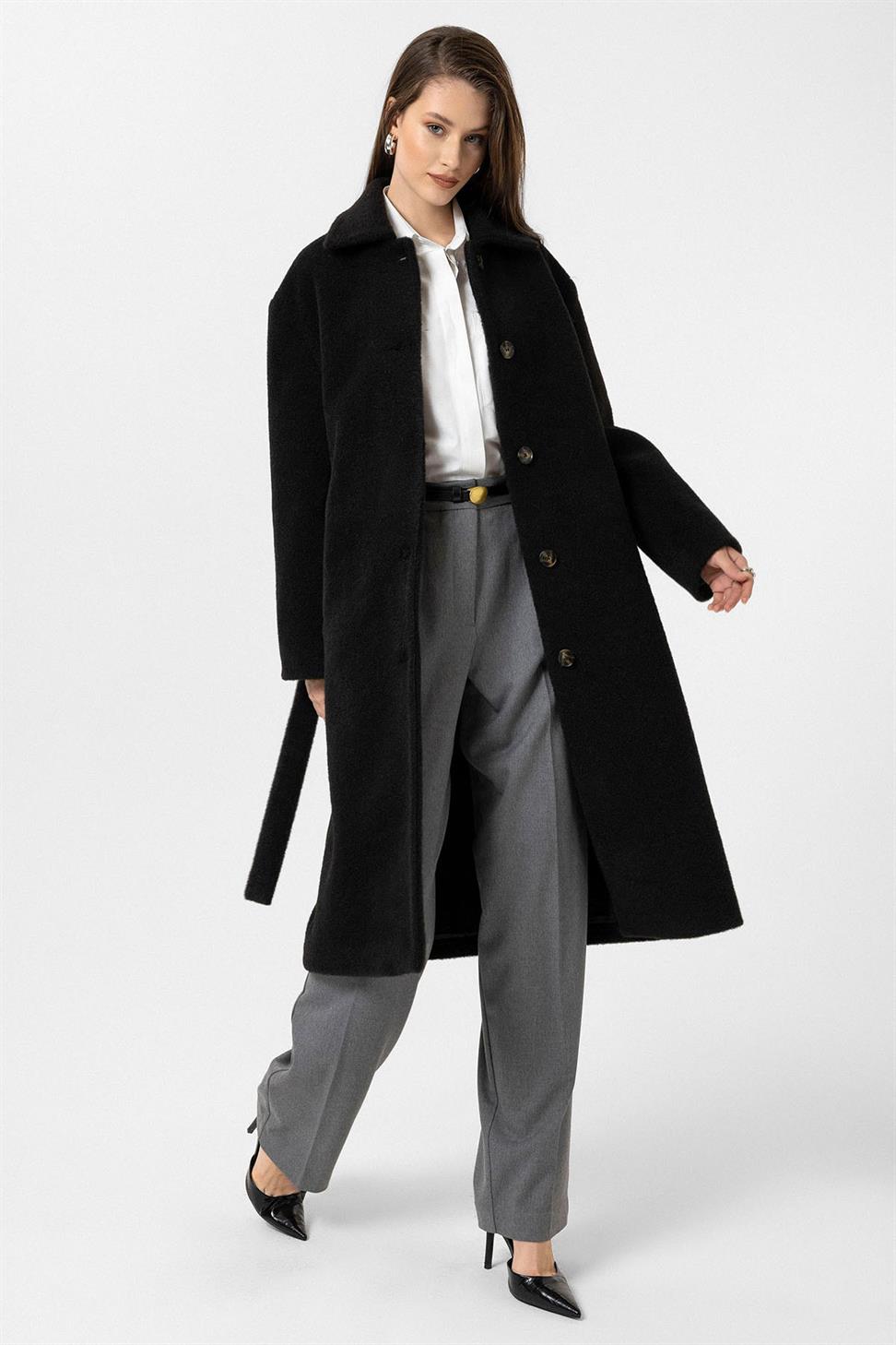 Antioch Siyah Kadın Kuşaklı Yumuşak Dokulu Kaban