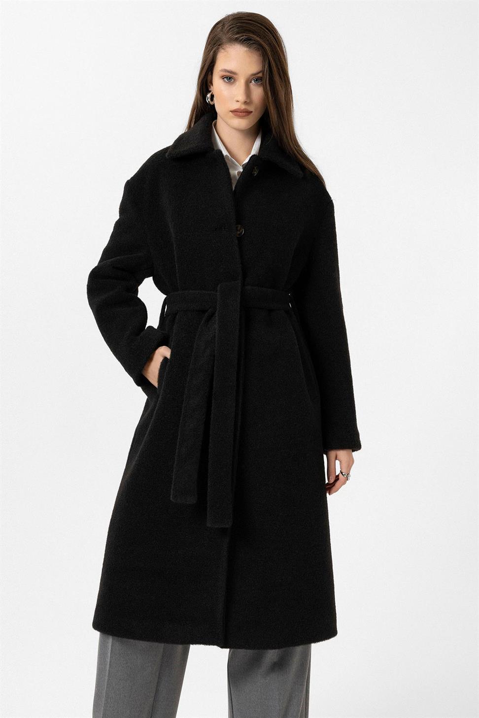 Antioch Siyah Kadın Kuşaklı Yumuşak Dokulu Kaban